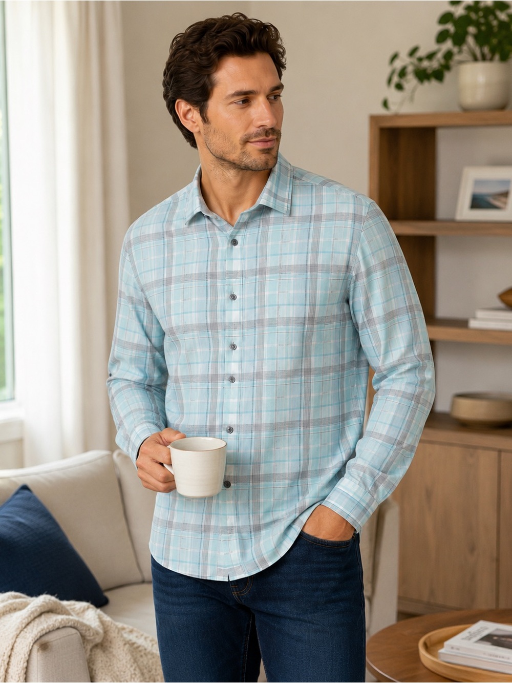 Aqua Gray XL Plaid Button Down Shirt Reg Fit Casual Career Father’s Day Gift